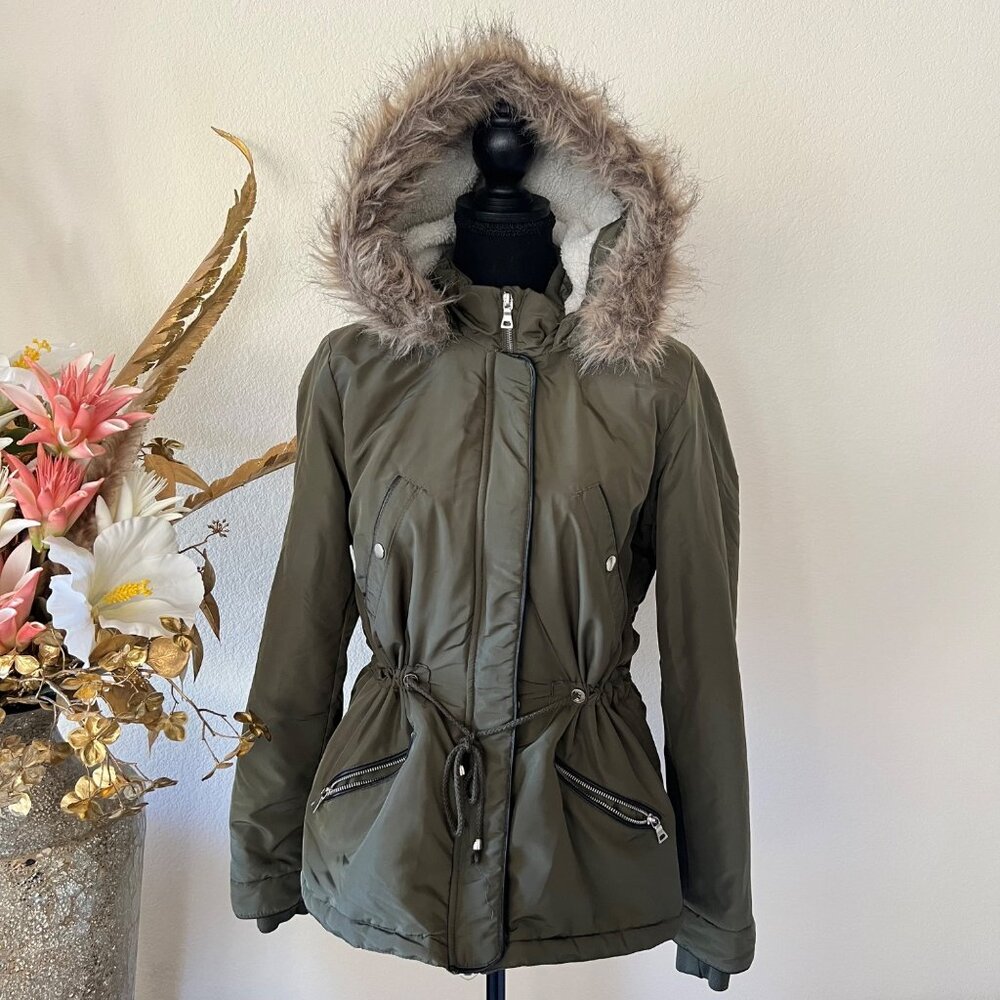 Y2K Miss London Black Label Olive Green Utility Jacket with Fur Trim Hood M - Picture 1 of 12